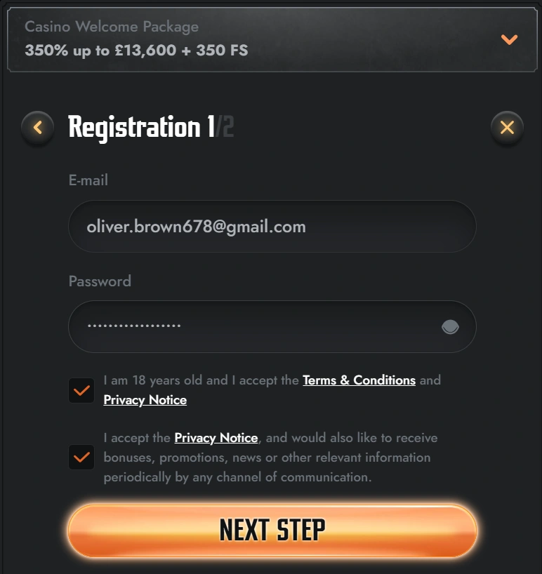 Gransino casino registration form for UK players
